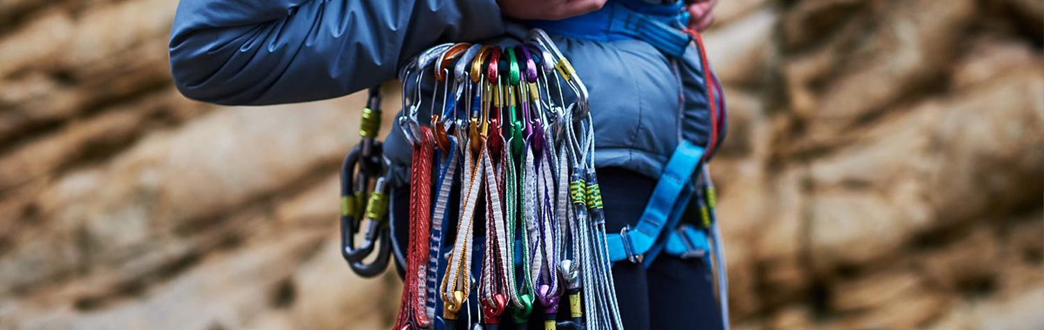 A rack of climbing gear